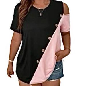 Two tone cold shoulder button detail cold shoulder top
